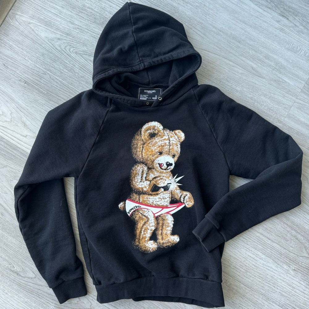 DOMREBEL designer black hoodie, bear selfie print, size S